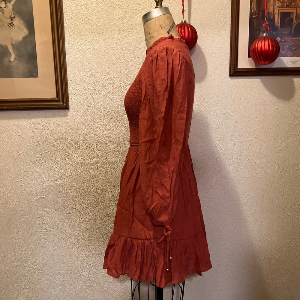 Smocked Frilled Neck Puff Sleeve Ruffle Hem Mini Dress NWOT Size S - Picture 6 of 11